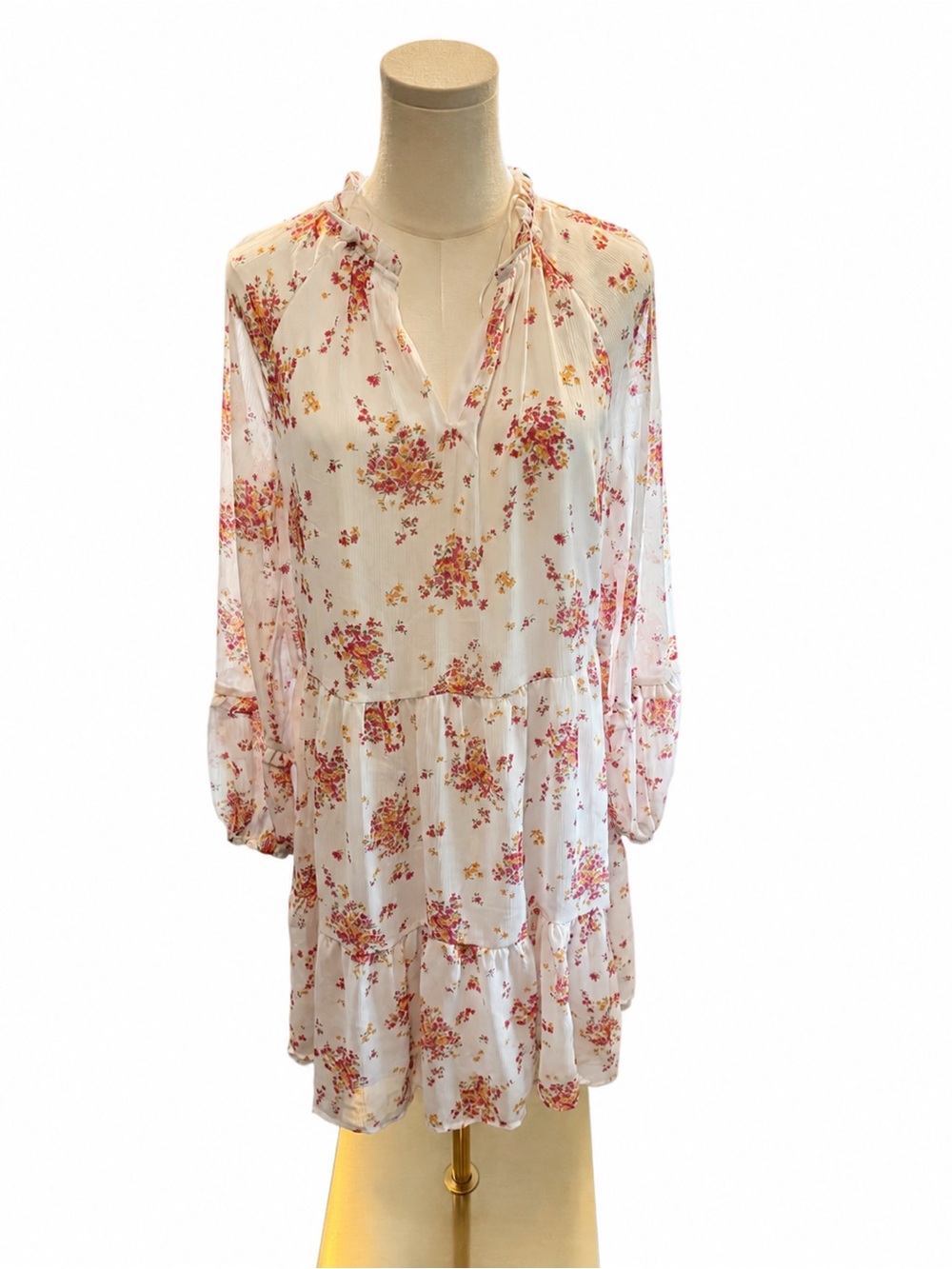 Vince Camuto Floral Boho Tiered Dress Size Large Sheer Long Sleeve Fully Lined